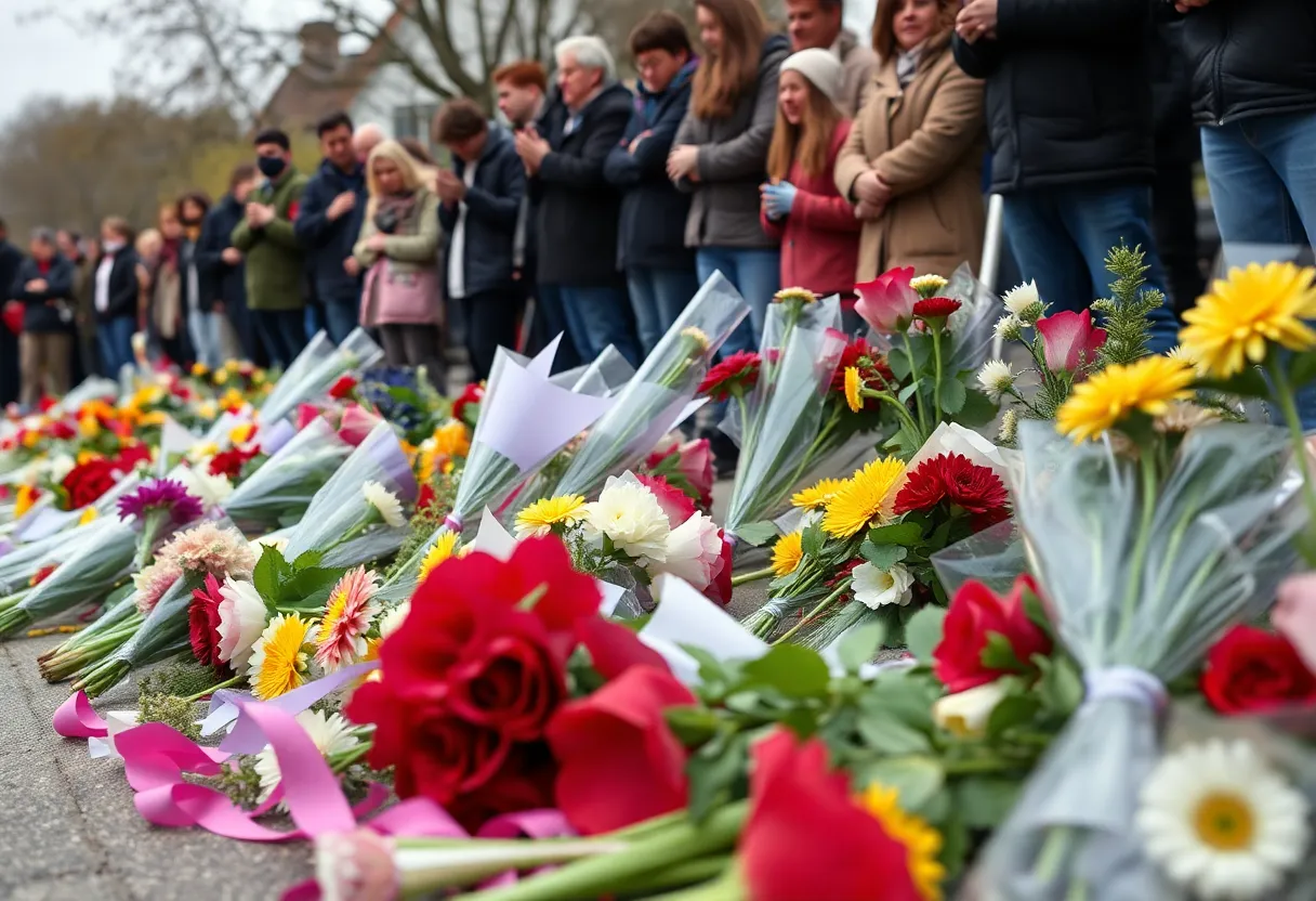 Tributes and flowers at a memorial for the victims of the Highland Park parade shooting.