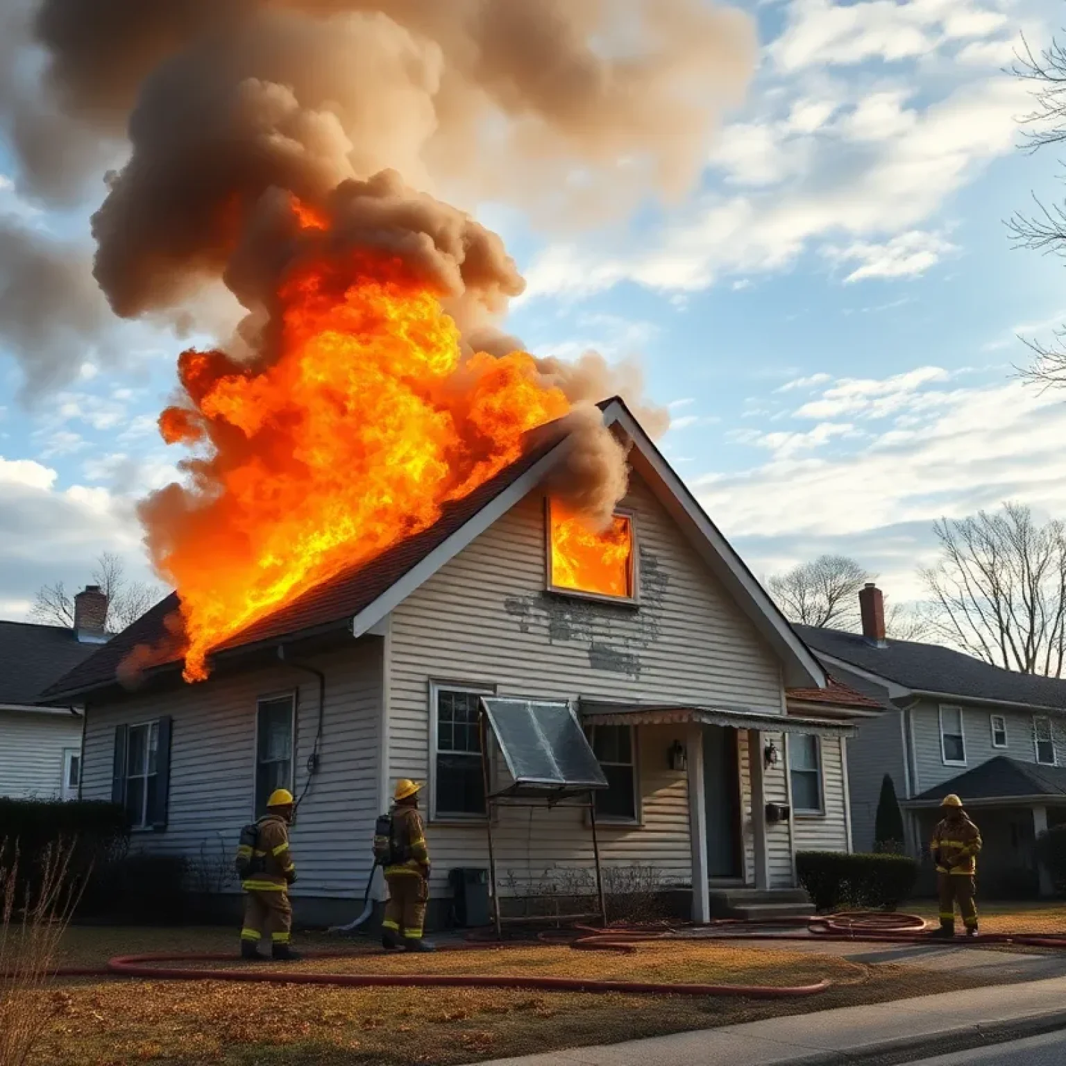 Firefighters battling a house fire in a residential area