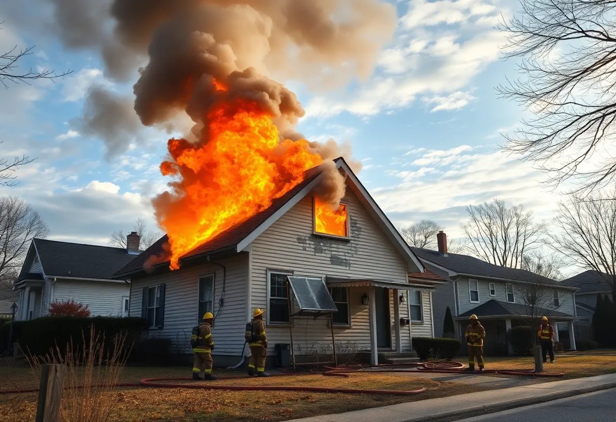 Firefighters battling a house fire in a residential area