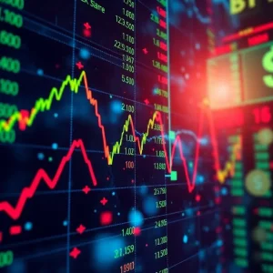 Abstract image of stock market decline and cryptocurrency fall due to tariffs