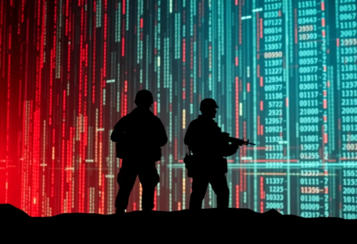 Silhouette of soldiers with digital data streams