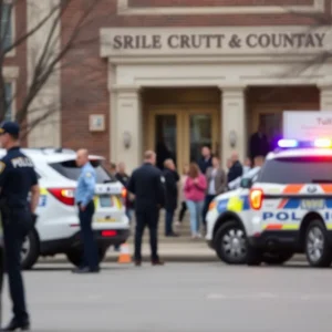 Police investigation scene outside a courthouse