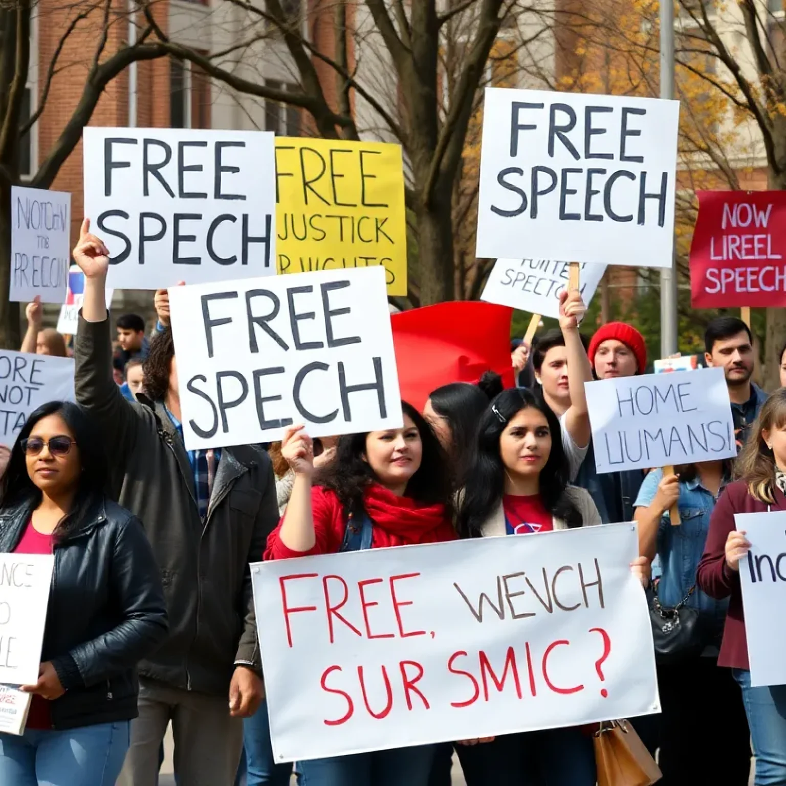 Demonstrators advocating for free speech and justice at a university protest.