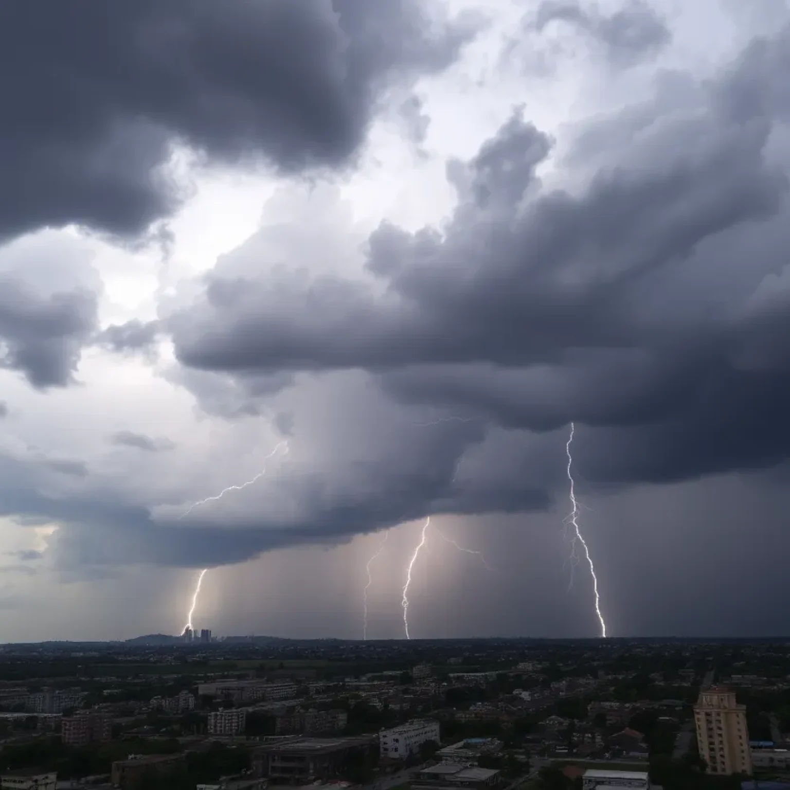 Dark storm clouds over a city during severe weather conditions