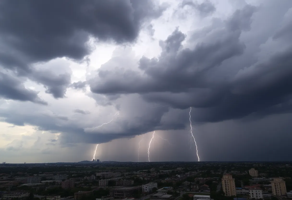 Dark storm clouds over a city during severe weather conditions