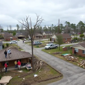 A community banding together after a tornado outbreak, showing damaged homes and people assisting each other.