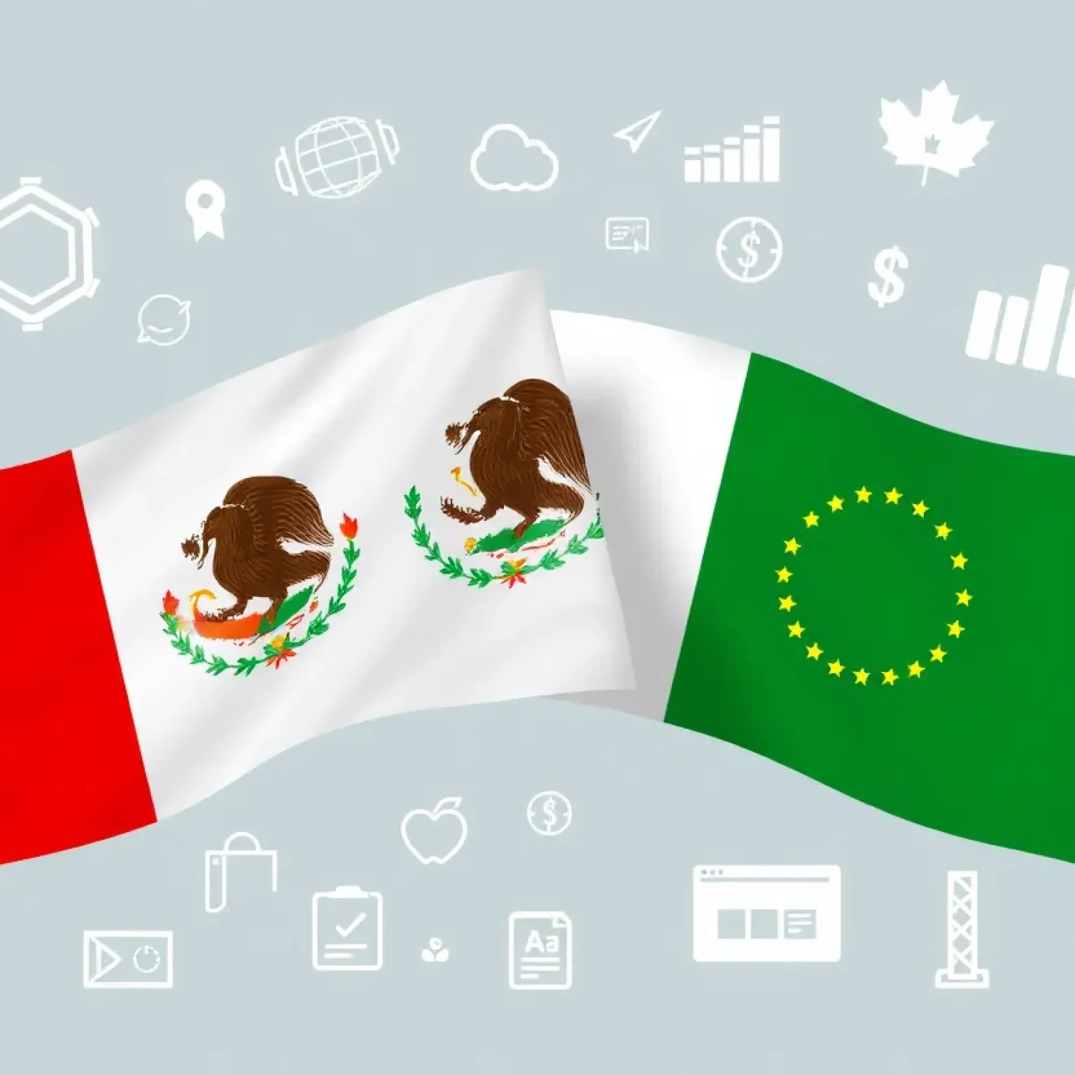 Abstract representation of trade negotiations with flags of Canada and Mexico