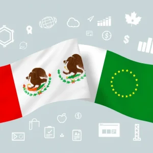 Abstract representation of trade negotiations with flags of Canada and Mexico