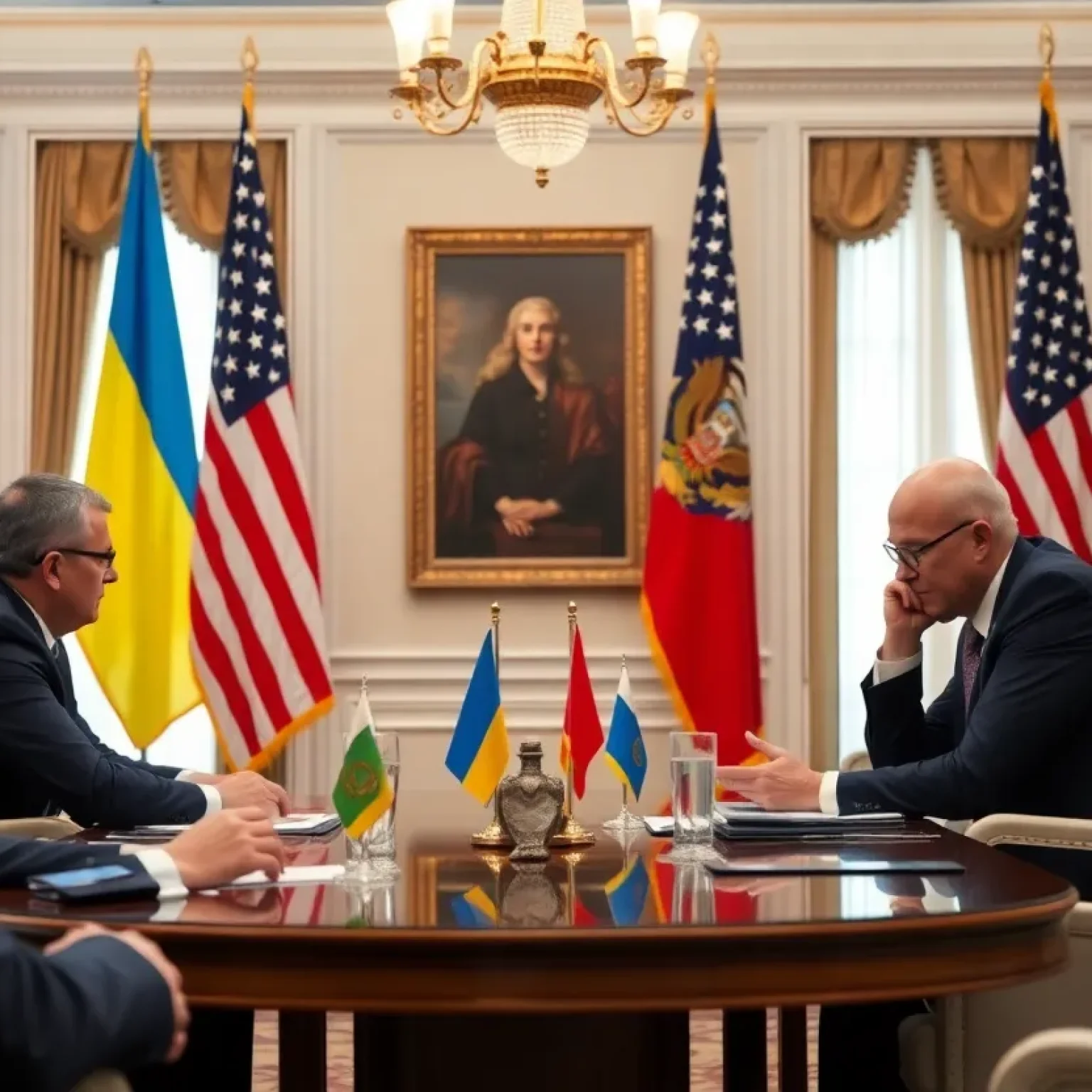 Diplomatic meeting between Ukraine and U.S. leaders with tense expressions.