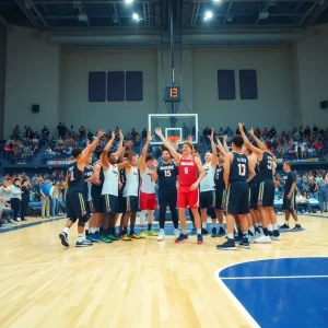 Basketball team celebrating with fans