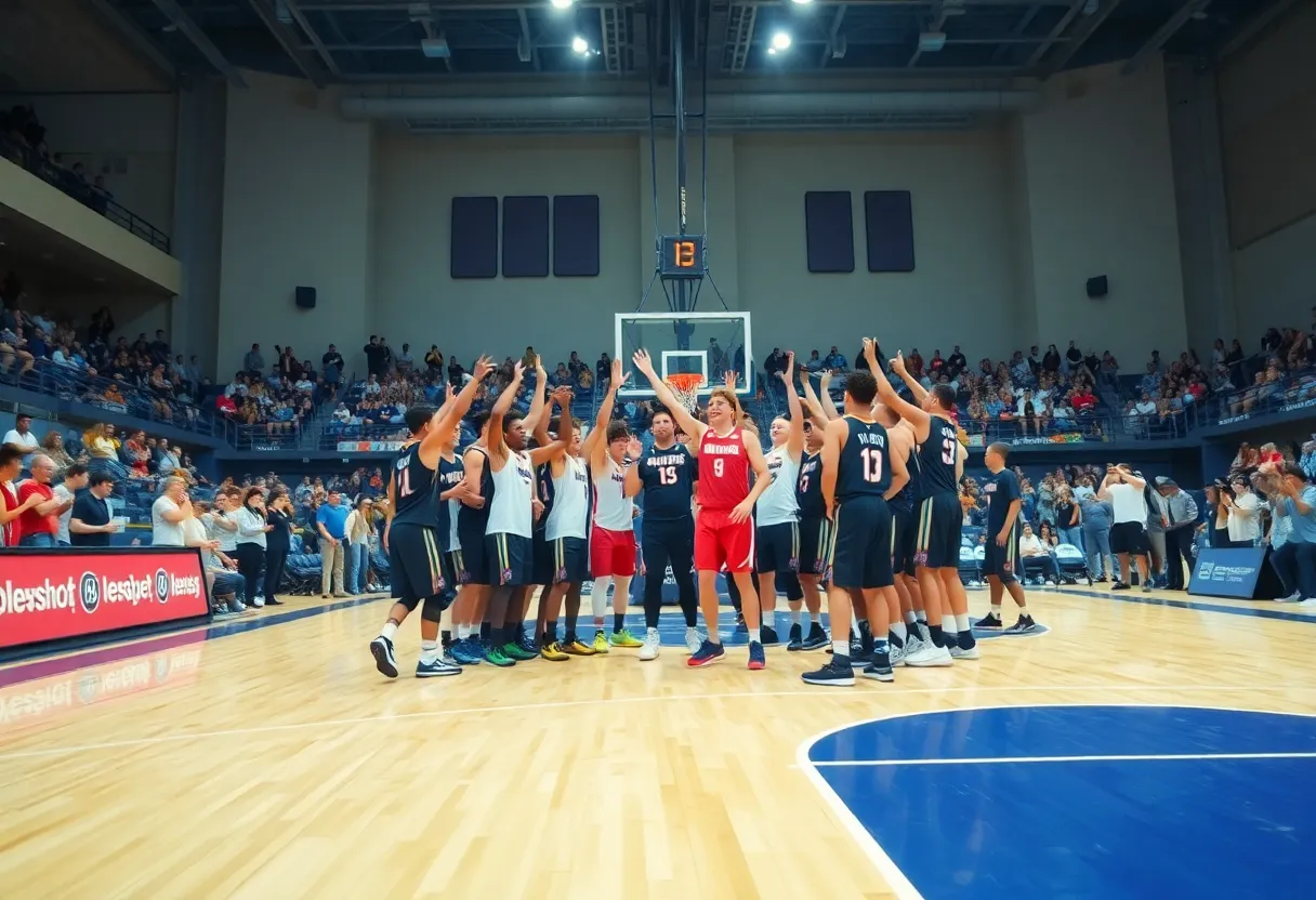 Basketball team celebrating with fans